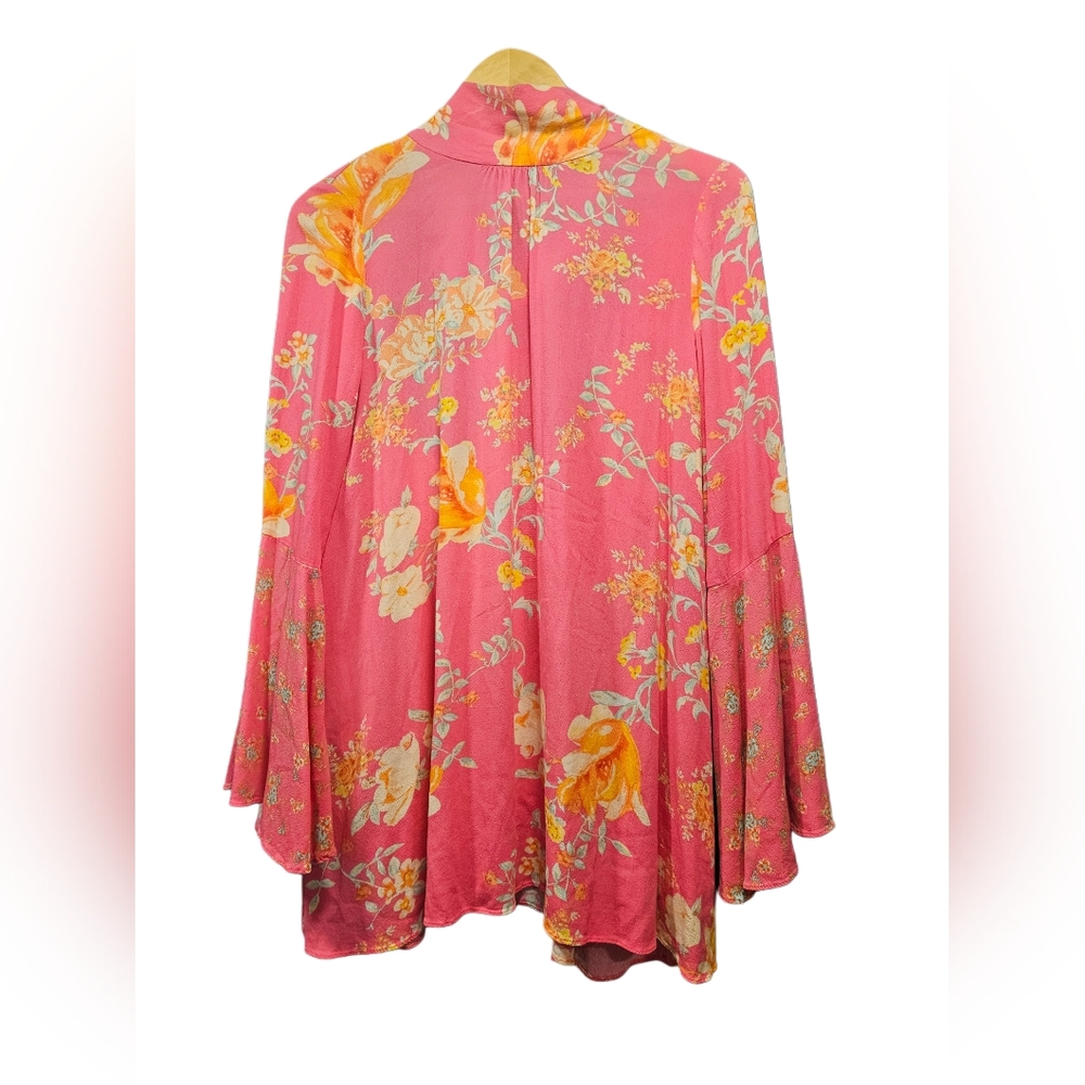 Free People Boho Pink Floral Open Back Bell Sleeve Tunic Mini Dress - Picture 7 of 10